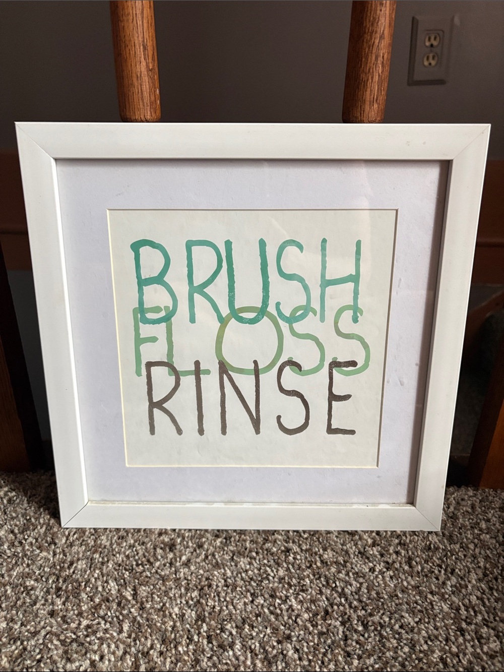 Brush Floss Rinse Wall Art - White Frame, Green and Brown Text